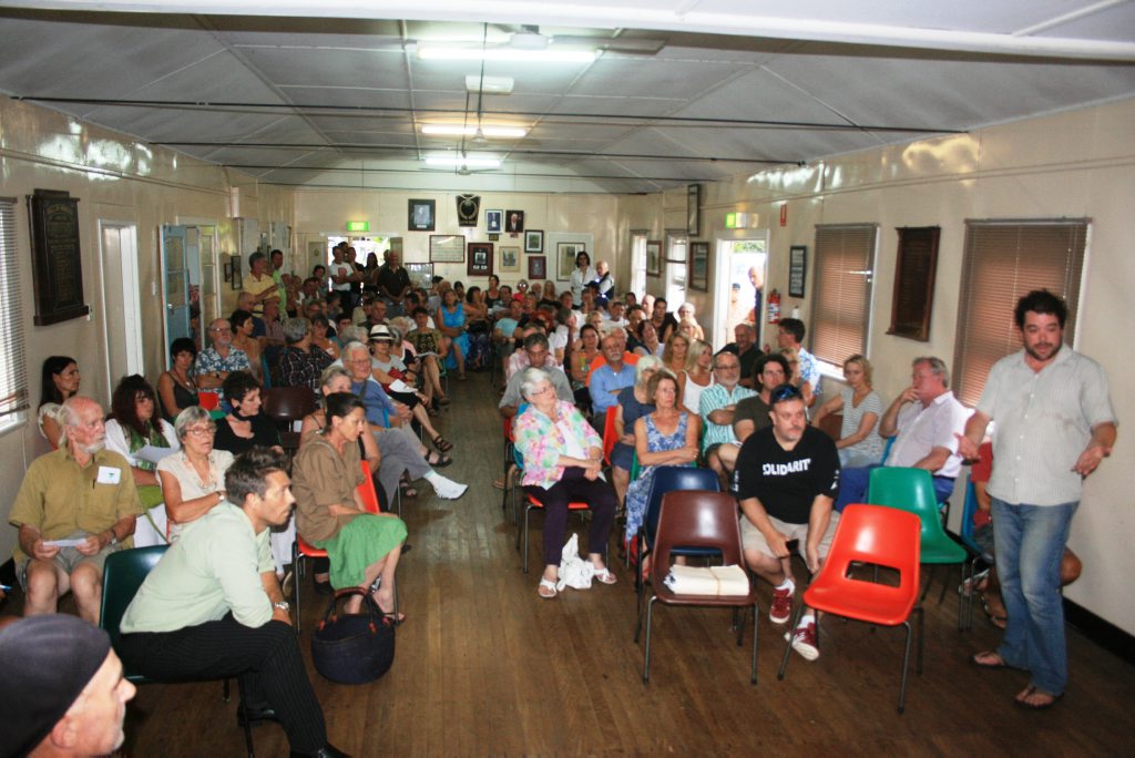 PROJECT STATION ST: Josh Rogers, far right, of the Bangalow school P&C;, addresses a meeting of local residents seeking to learn more about a proposed development in the town. PROJECT STATION ST: Josh Rogers, far right, of the Bangalow school P&C;, addresses a meeting of local residents seeking to learn more about a proposed development in the town.